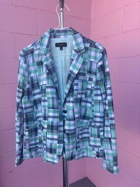 Talbots Navy, Green & White Plaid Cotton Blazer